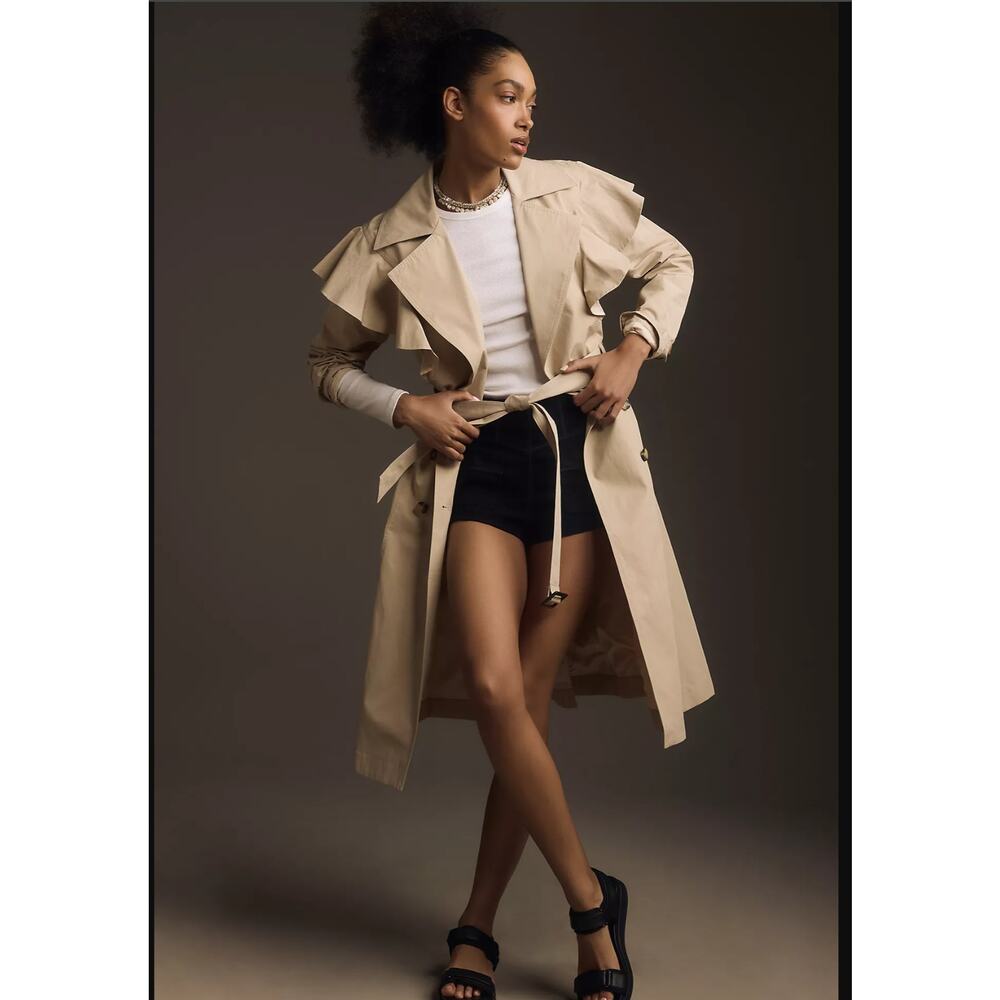 NWT Anthropologie Khaki Belted Trench Ruffled Coat - Size Large - Picture 2 of 5